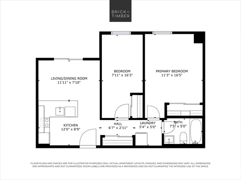 Floor plan for 2 beds, 1 bath, 795 sqft